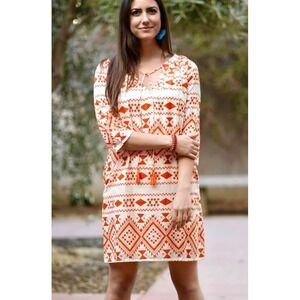 Dolma Geometric Mini Dress Orange Tribal Print Cotton Gauze Boho Tassel Tunic S